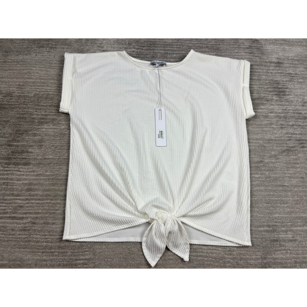 Set The Stage Top Womens L White Waffle Knit Front Tie Knot Shoulder Button